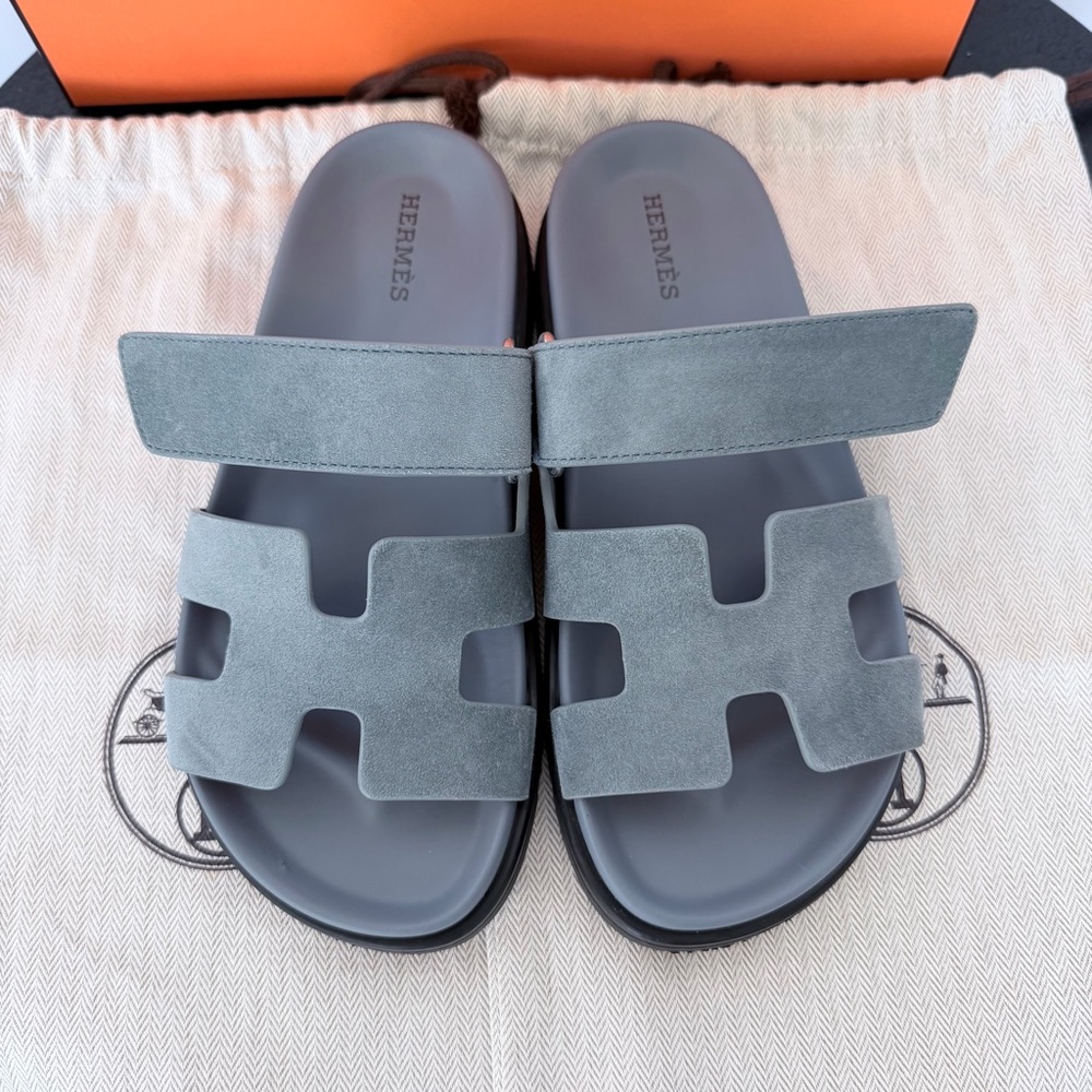 Hermes Chypre Techno Sandals Bleu Tonnerre Velvet Suede Goat Leather Size 35.5 - Picture 2 of 13